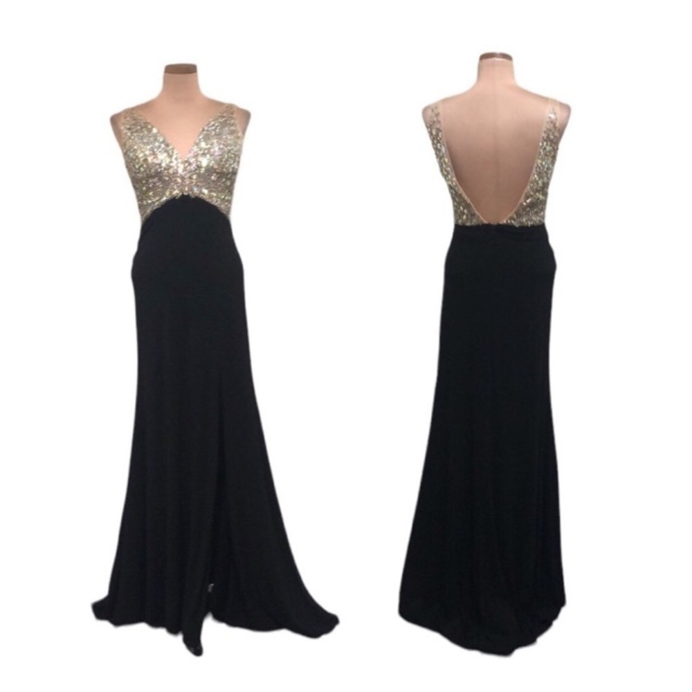 Poly USA By Neblon Gown Maxi Dress Size Small Petite Black Rhinestone